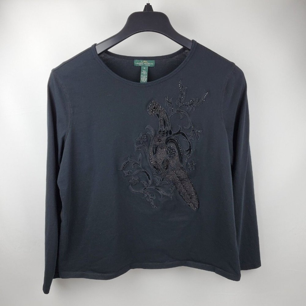 LRL Lauren Jeans Co Women Tunic Top Long Sleeve Pullover Black Rhinestones XL